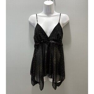 Vtg Y2K Rampage Babydoll Tank M Black Gold Glitter Sheer Fairy Mystical